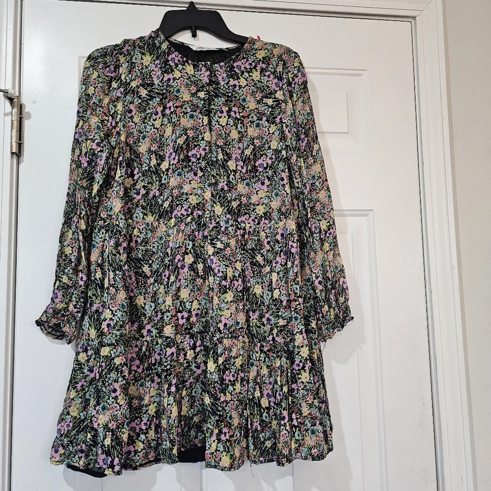 ZARA Black Flora Print long Sleeve Baby Doll Mini Dress Size Small Cottagecore - Picture 3 of 13